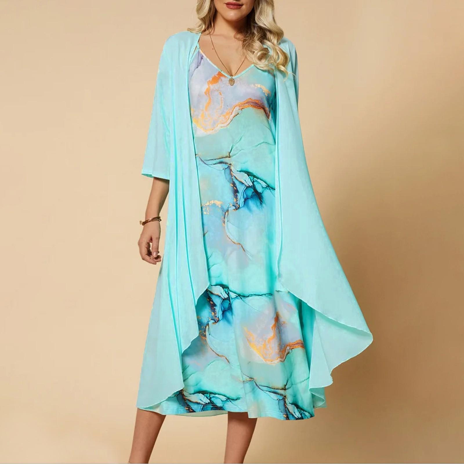 

Женское платье из двух частей с принтом, жилет с v-образным вырезом, платье, кардиган, куртка, комплект XXXXL циан