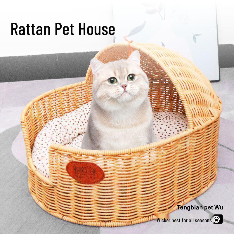 Halbgeschlossenes Haustiernest aus Rattan: Abnehmbare, waschbare Matte für Hunde & Katzen