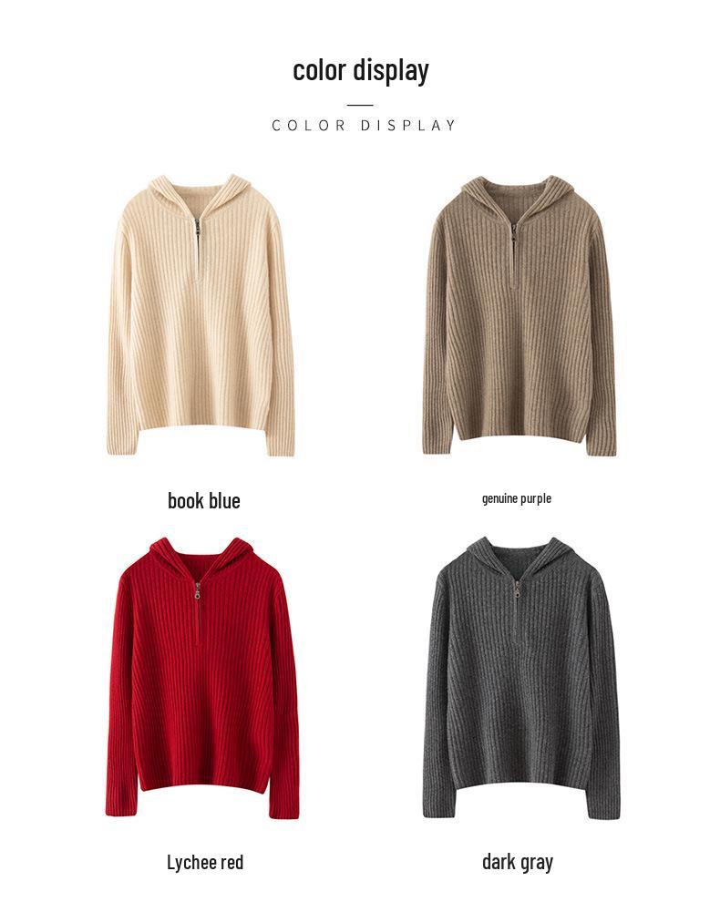 Women's 100% Pure Cashmere Ribbed Knit Hoodie Sweater - Autumn Winter Casual Wear