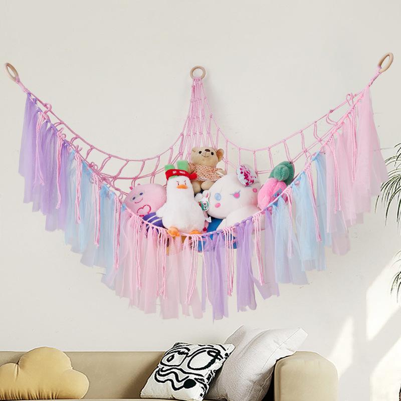 Macrame Triangle Wall Hanging Net Bag Cotton Rope Organizer Ribbon Storage Hammock Plush Hanging Shelf Home Decoration