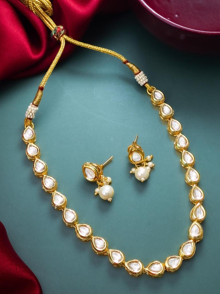 Gold-Plated White Stone-Studded & Beaded Temple Jewellery Set