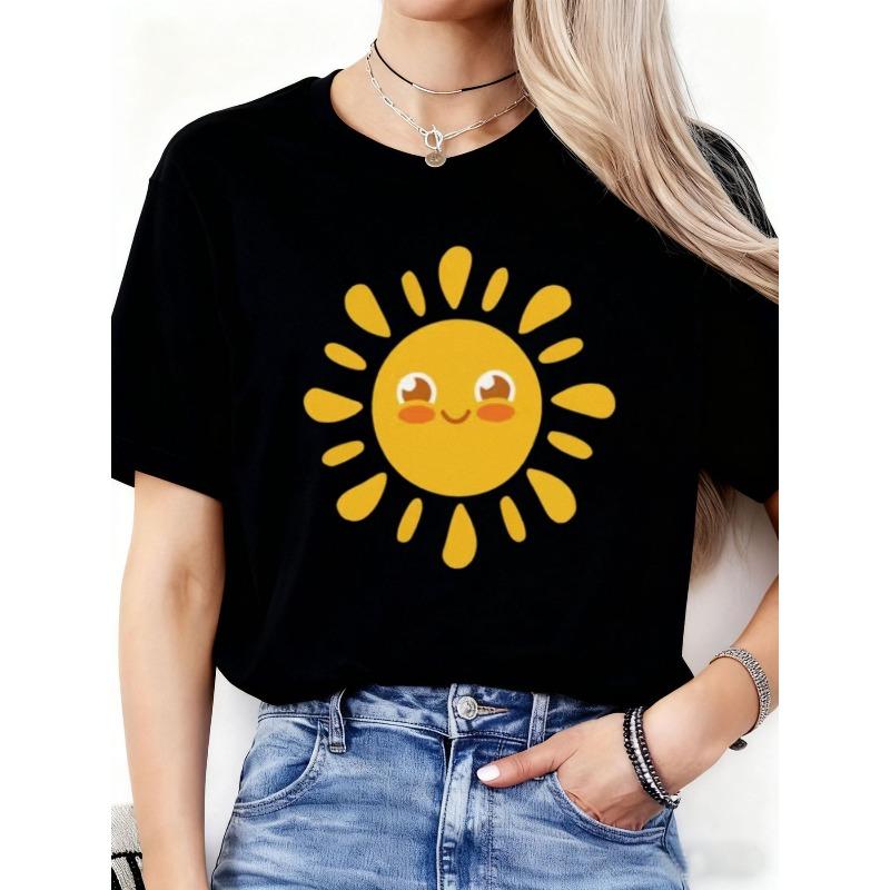 

Women s Y2K Cute Smiling Sun Blonde Hair Print Tee Casual Easter St Patrick s Day Summer Top S чёрный