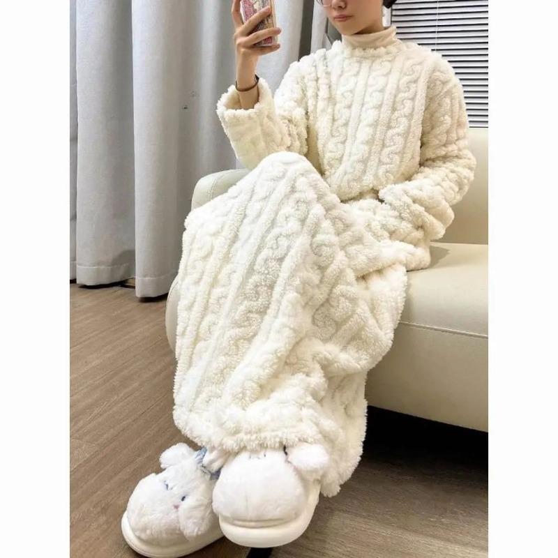 Acogedor Camisón de Manga Larga de Forro Polar Coral Ropa de Dormir Cálida de Invierno para Mujer