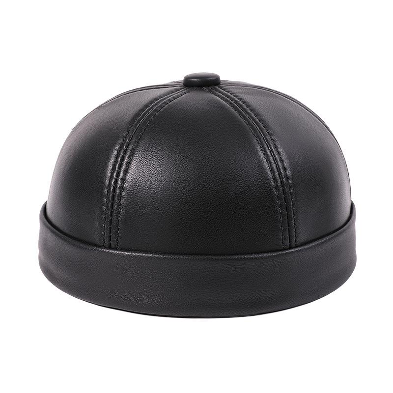 Men's Genuine Goatskin Leather Docker Cap Vintage Brimless Hat Retro Roll Up Cuff Sailor Miki Hat Skullcap