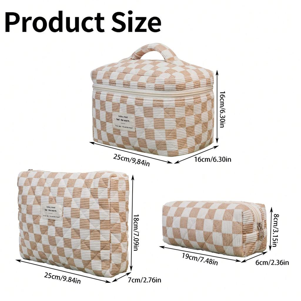 Simple Premium Makeup Bag In Checkered Pattern, Multifunctional Makeup Storage Bag Tote Bathroom Shower Purse Bag Portable Makeup Brush Clutch Bag
