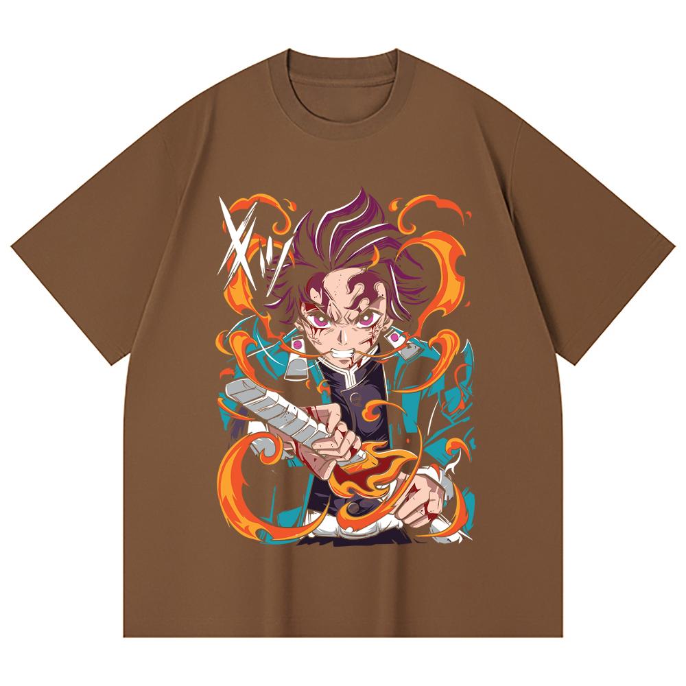 230 Gsm 100% Cotton Demon Slayer V64 Tanjiro Fire Breathing Print Unisex Heavy Cotton T Shirt
