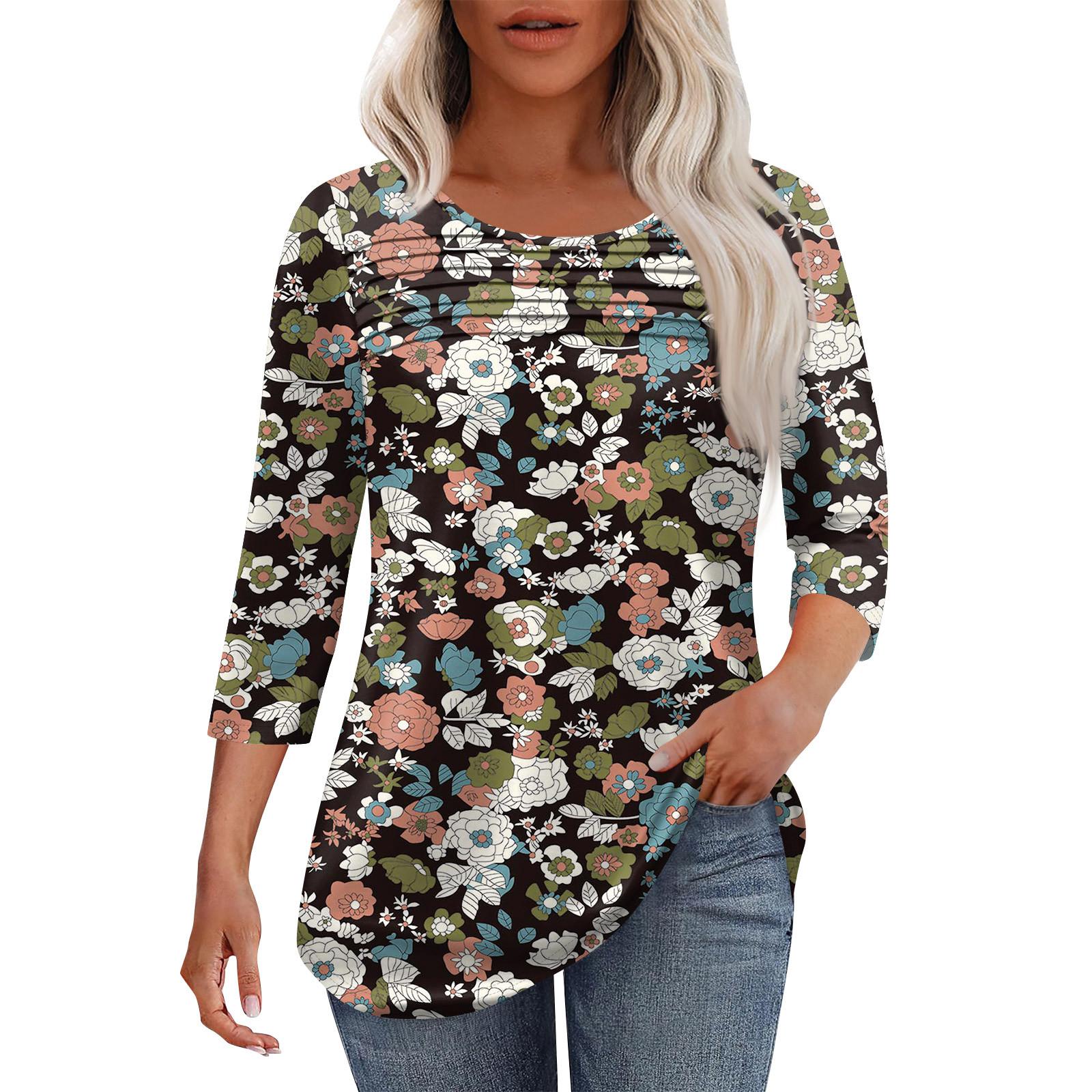 

Женская мода круглый вырез горловины плиссированная передняя планка топ рукав 3/4 XL чёрный