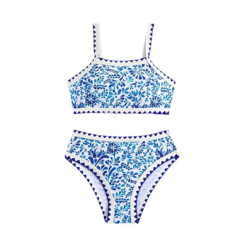 2025 Blue & White Porcelain Print Girls' Swimsuit - Holiday Beach Bikini Swimwear