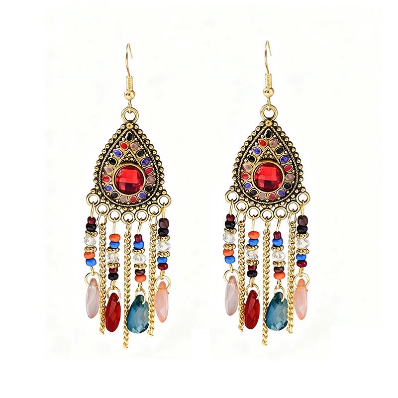 Bohemian Crystal Tassel Earrings - Ethnic Style, Slim Face, Exaggerated Design for Travel