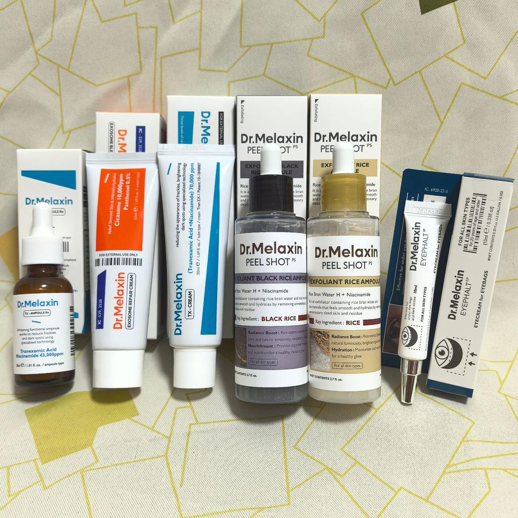 Dr. Melaxin Skin Care - White & Black Rice Exfoliating Hydrating Essence, Pore Shrinking, B12 Cream, Eyecream, Kojic Acid Spray