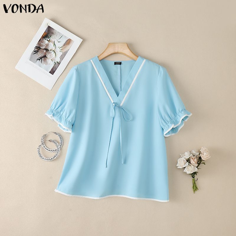VONDA Summer Women V Neck Stitching Loose Short Sleeve Blouse Tops S синий