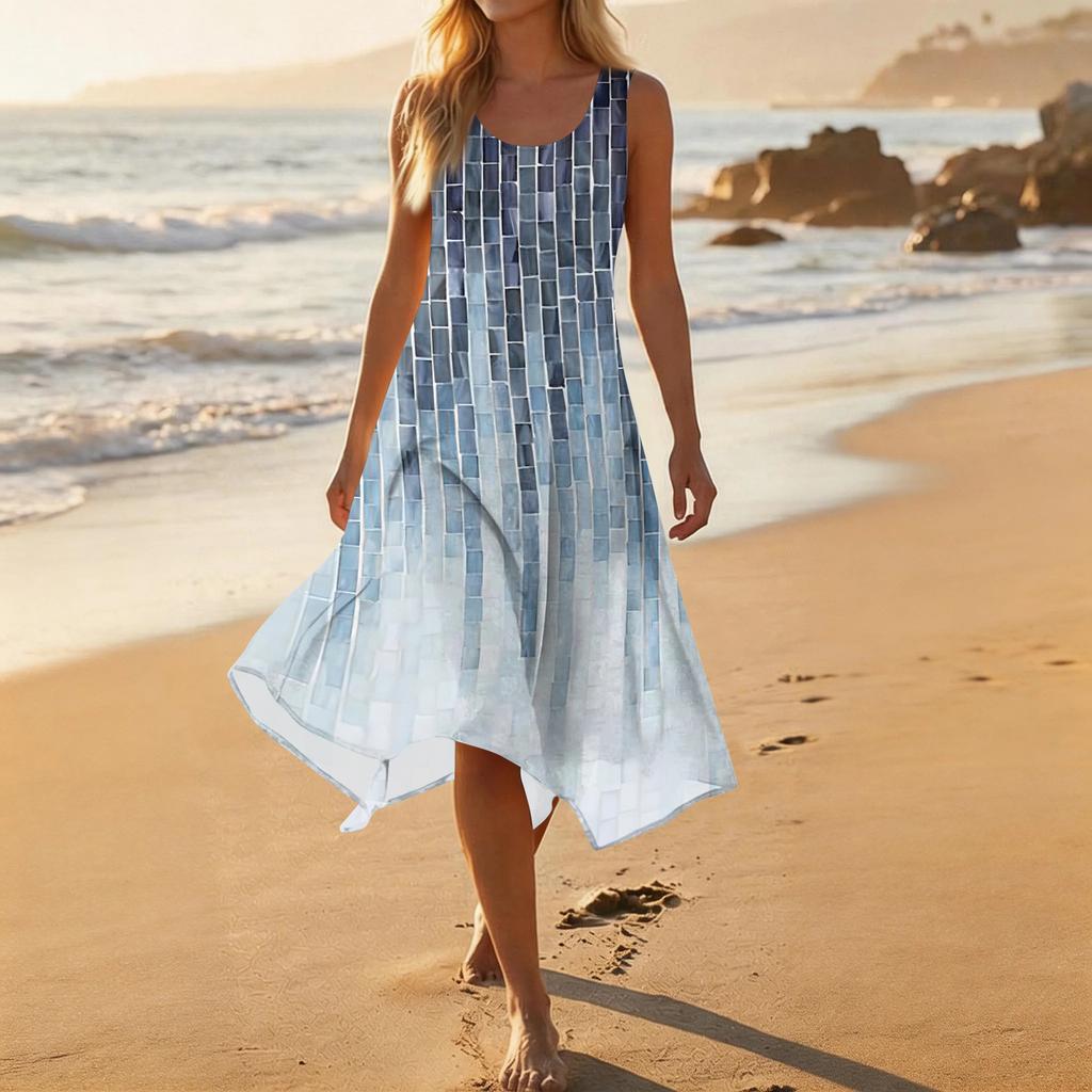 Damen Lässiges Mode-Midikleid mit Rundhalsausschnitt, ärmellos und unregelmäßigem Saum