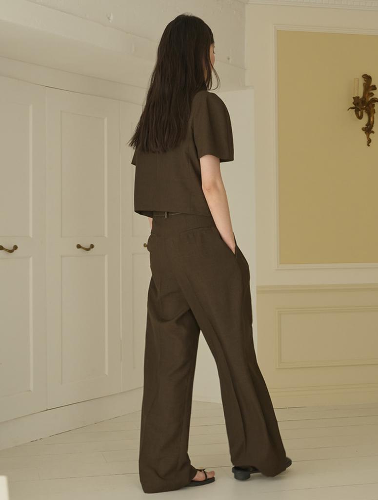 OPENING SUNSHINE Set - Puff Sleeve Crop Jacket + Double-Pleat Wide Pants _Brown