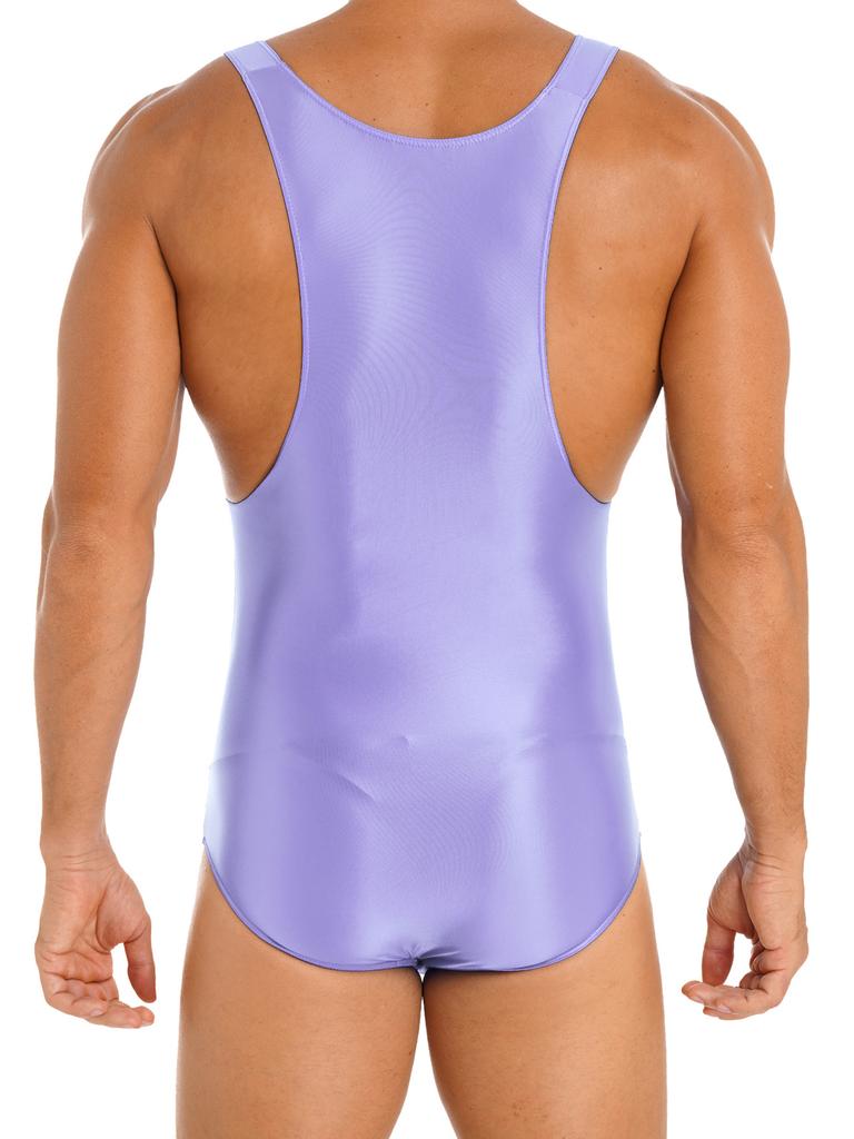 Mens Glossy Stretchy Sleeveless U Neck Leotard Skinny Jumpsuit Wrestling Singlet