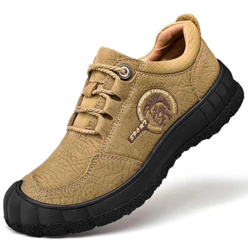 2024 New Men Leather Casual Hiking Shoes Outdoor Antiskid Genuine Leather Walking Shoes Soft Homme Classic Ankle Flats Moccasin