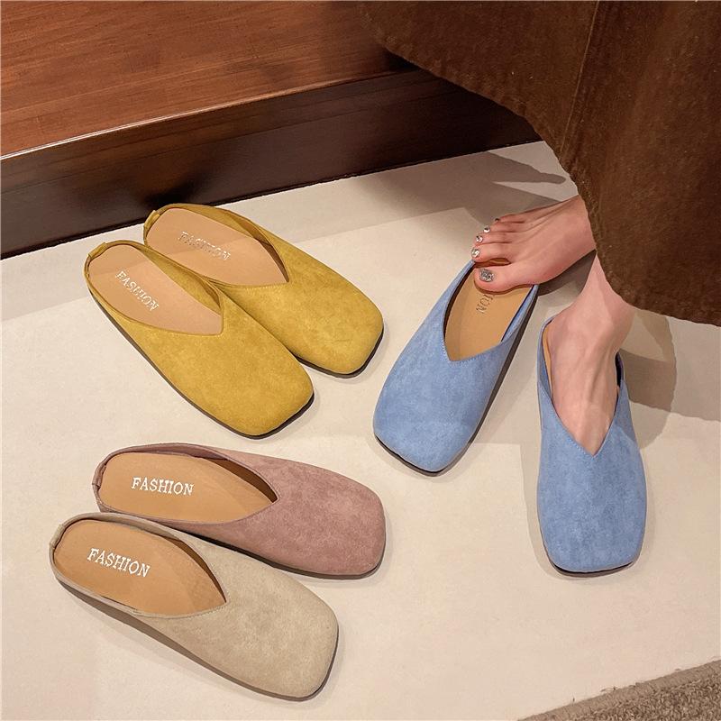 Baotou Half Slippers for Women To Wear Autumn and Winter New Niche Square Head Velvet Casual Versatile Soft-soled Muller Shoes