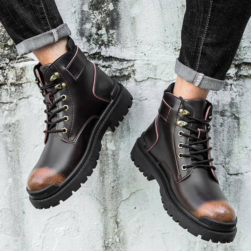 Trend Boots Men's Lace-up Thick-soled Wear-resistant Work Boots Fashion Casual Leather Boots High-top Outdoor Motorcycle Boots