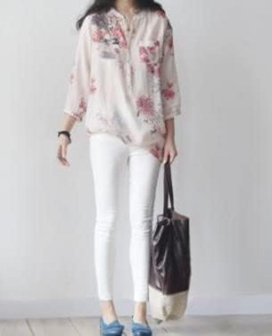 Pretty floral pattern sleeve pullover cute and stylish band pocketed summer fashion pink [aspersio] 3/4 tunic, mature, top, women's shirt, long,