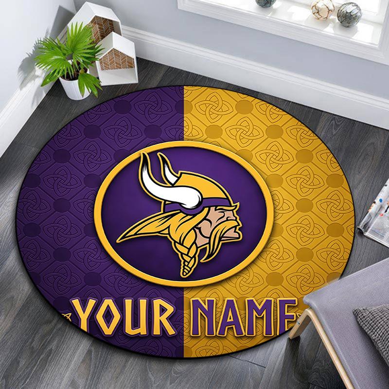 Custom Name Minnesota Vikings2 Round Area Rug,Carpet Rug for Living Room Bedroom Sofa Playroom Decor,Non-slip Floor Mat