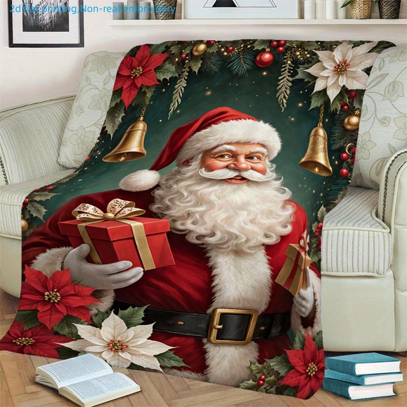 1pc Christmas Holiday Santa Claus And Floral Pattern Printed Blanket, Strong Festive Atmosphere, Multi-Size Available, Suitable for Living Room, Bedro