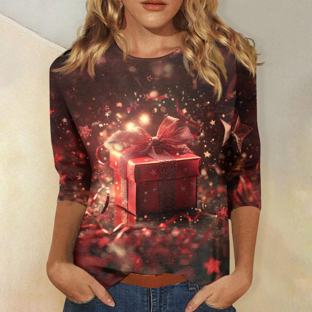 Women's Tops Three-quarter Sleeve Shirt V-neck Loose Casual Shirt Print T-shirt