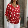 Women's V Neck Button Front Pullover Top Three Quarter Sleeve Casual Tunic Shirt with Independence Day Print