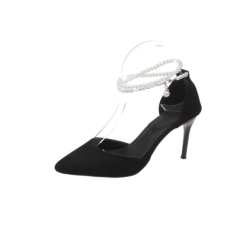 Women's High Heels New Sexy Women's Single Shoes Pointed Toe Pearl Ankle Buckle Black 7cm 9cm Heeled Pumps for Women
