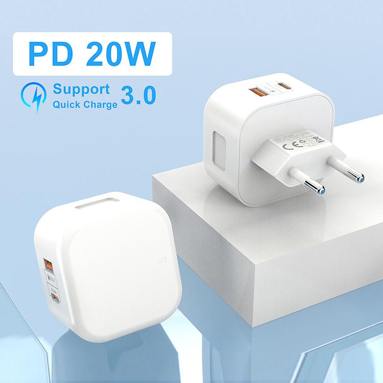 Europäische Version PD-Ladegerät 20 W Schnellladekopf Typ C + USB doppelt für Apple-Füllung nach europäischen UL-Vorschriften