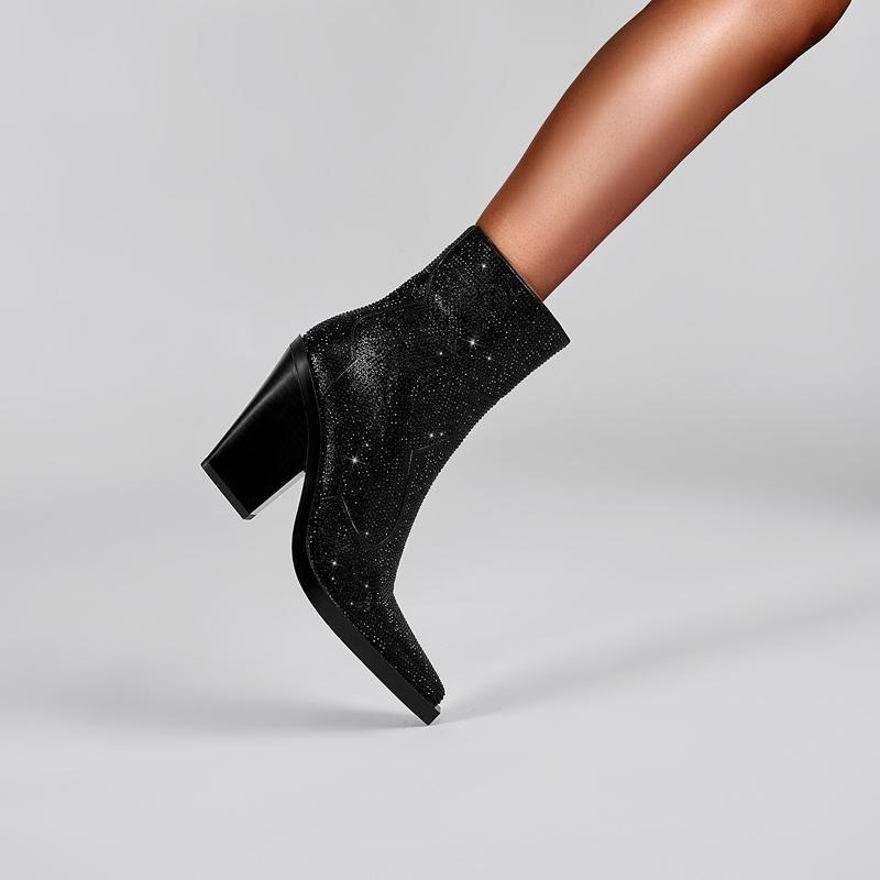 Fashion Kaky's New Pointed Rhinestone Thick High Heels Large Women's Boots Short Boots Western Boots