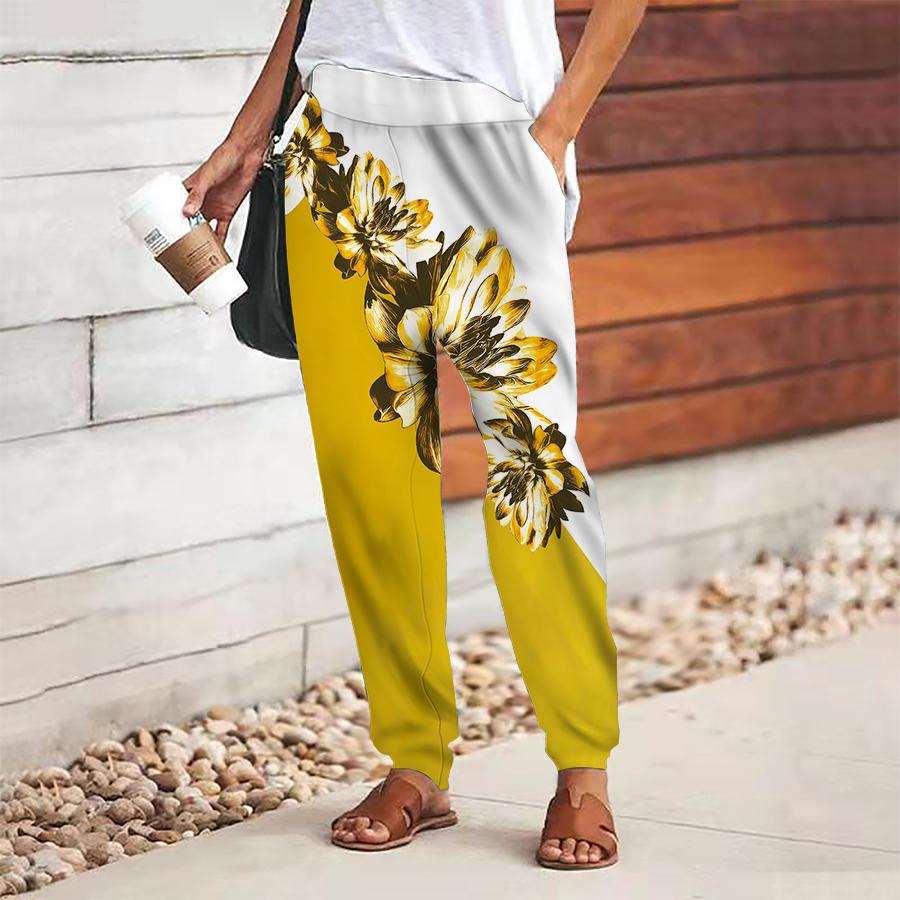 Women Flower Printing Pants Lace Up Elastic Waist Loose  Trousers Casual Long Pants Trousers with Pockets