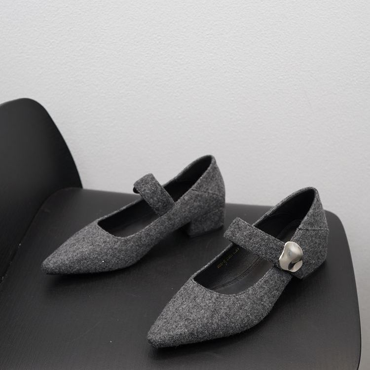 2025 Spring New French Temperament Pointed Outer Wear One-word Belt Versatile Middle Heel Shoes Suede Commuter Single Shoes Women's Shoes