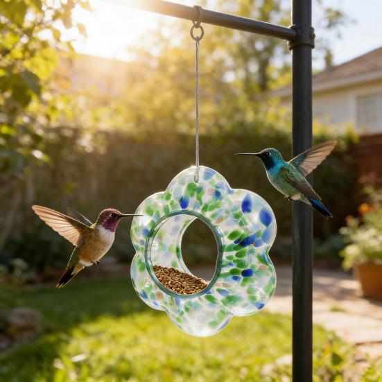 Colorful Glass Bird Feeder Outside Hanging Fly Through Bird Feeder Flower Shape Birdfeeder for Blue Jay Finch Garden Decor