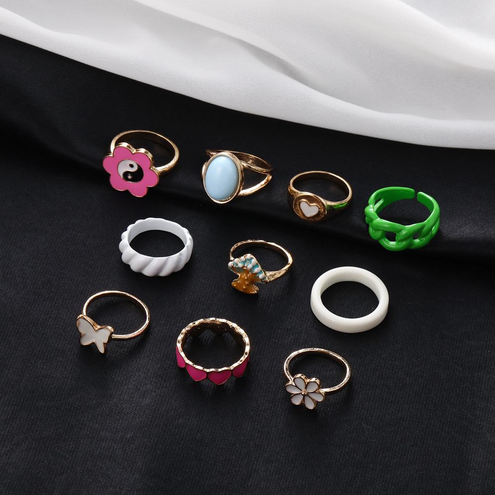 Fashion Personality Colored Butterfly Flower Mushroom Love 10-Piece Set Drip Oil Ring