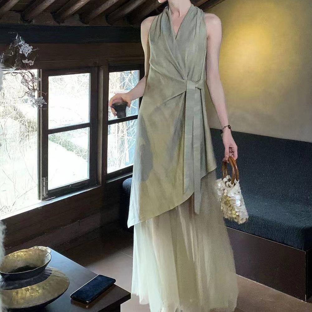 2026 Summer Niche Ramie V-Neck Halter Dress with Irregular Mesh Skirt Small