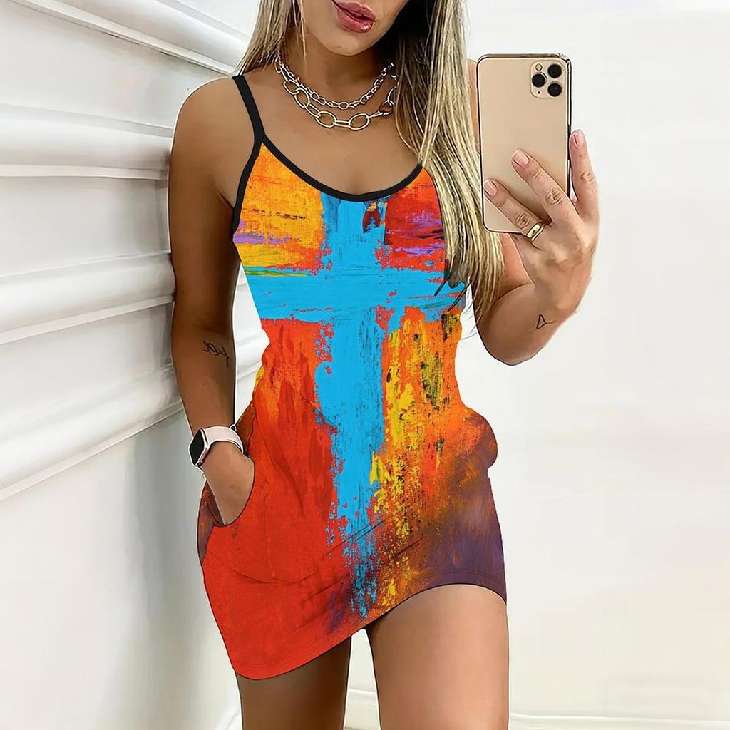 Summer New Lines and Letters  Pattern Print Sleeveless Bodycon Dress with Pockets Sexy Slim Fit Elegant Party Dress