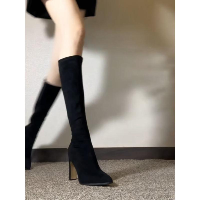 

Детские осенне-зимние новые модели телесных ботильонов на высоком каблуке, эластичные ботфорты до колена, ботильоны с острым носом и толстым каблуком 34