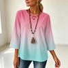 Women's V-Neck Loose Fit Three-Quarter Sleeve Gradient Print T-Shirt Top for Casual Everyday Wear