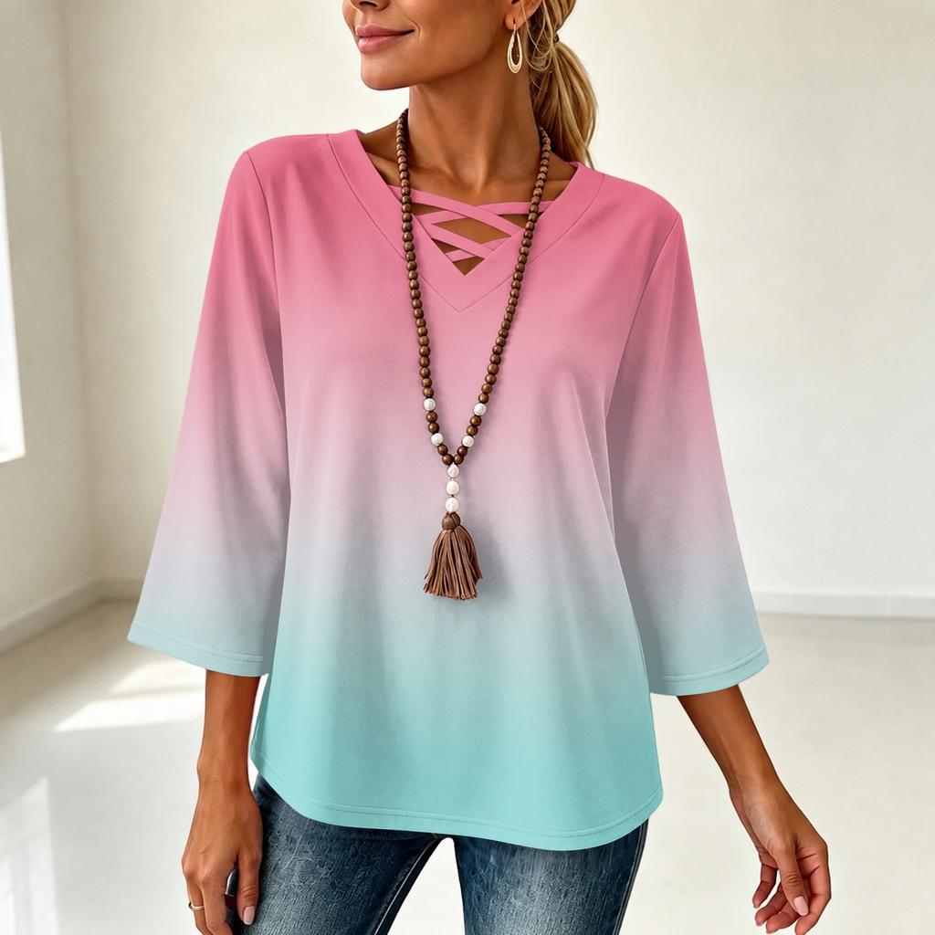 Women's V-Neck Loose Fit Three-Quarter Sleeve Gradient Print T-Shirt Top for Casual Everyday Wear