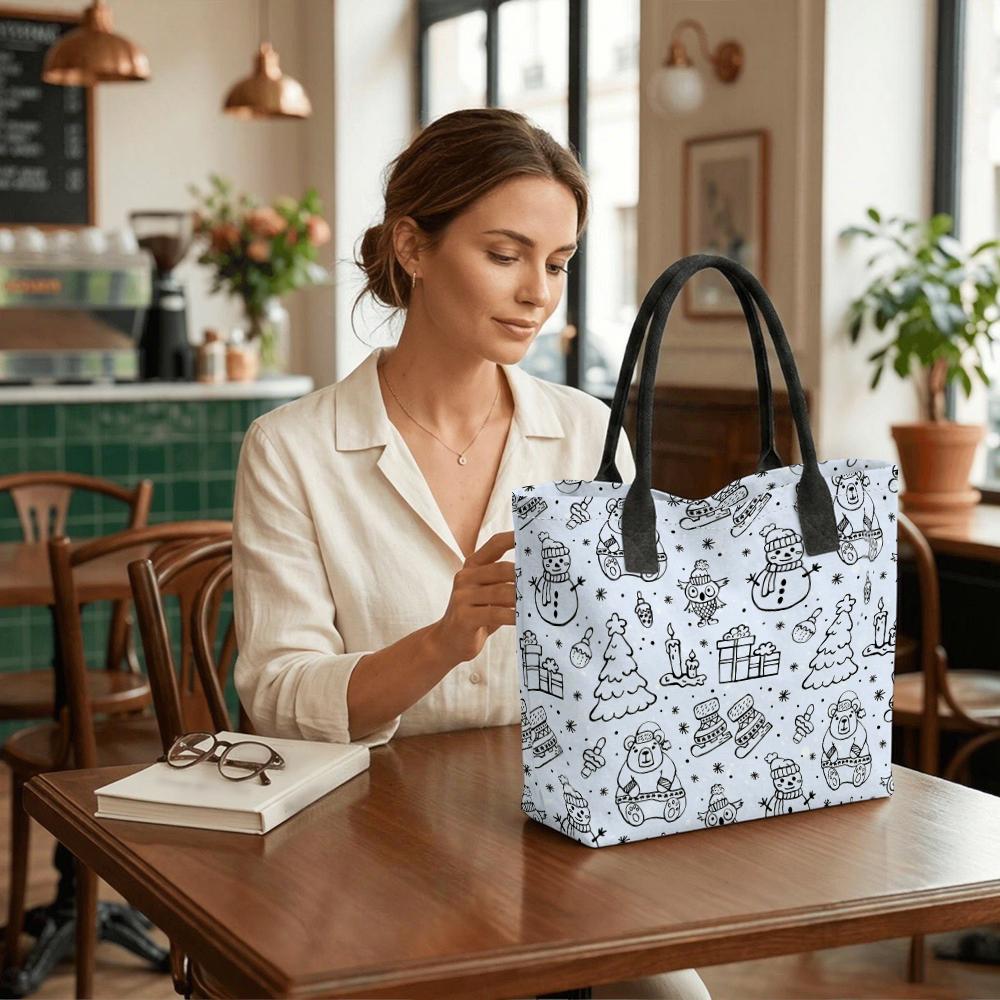 Winter Cute Pattern Tote Bag Fashionable Lightweight Portable Daily Use Casual Canvas Handbag