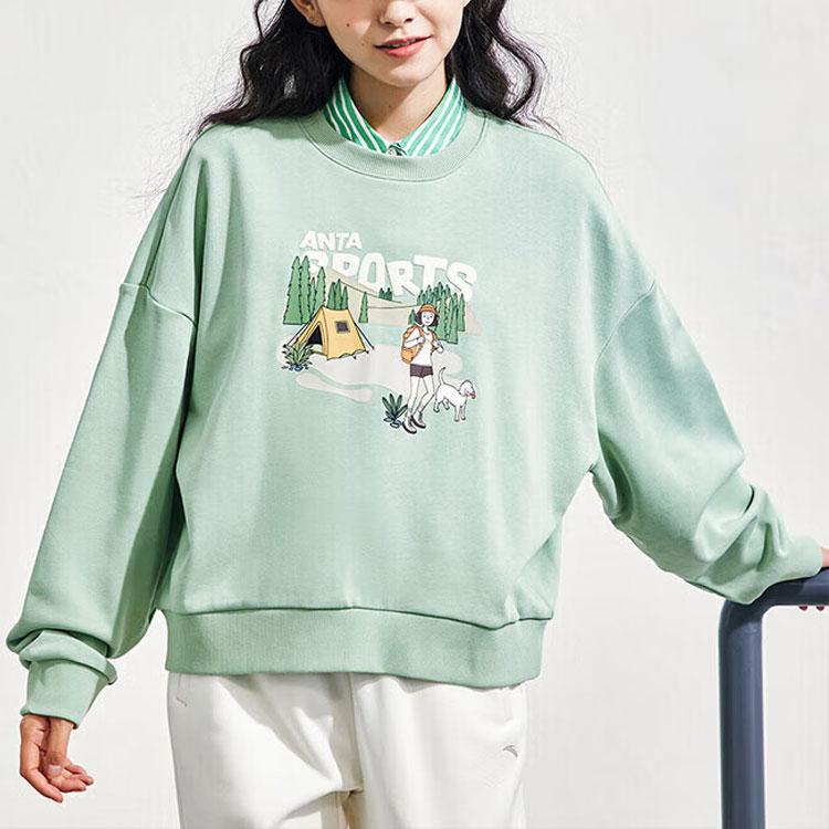 Anta Printed Letter Round Neck Pullover Sweatshirt Women Sweatshirt Stone-Green 962348707-2