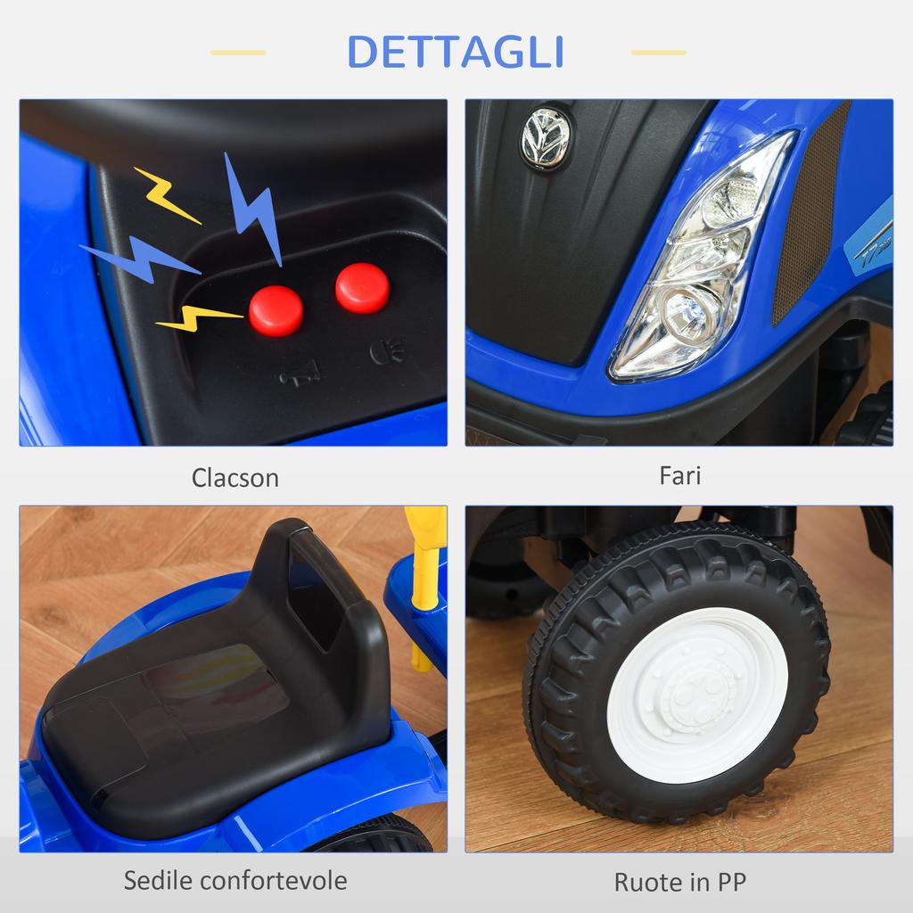 Ride-on Tractor for Kids with Trailer, Rake and Shovel, Educational Toy for Children 12-36 Months, 91x29x44cm, Blue