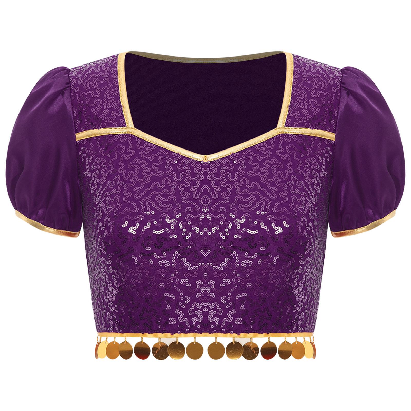 

Жіночий костюм для танцю живота з блискітками та китицями, квадратним вирізом та пишними рукавами S фіолетовий