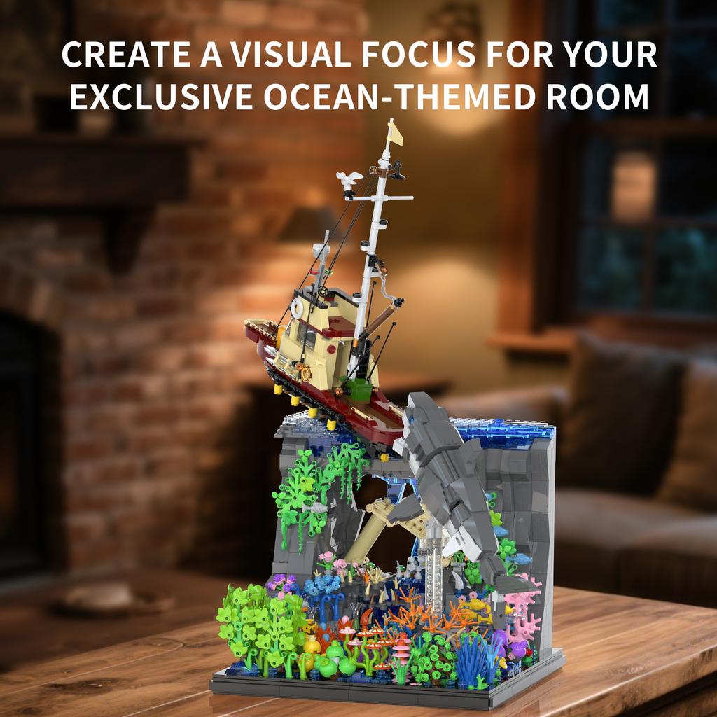 2932 PZ Squalo Bianco Barca da Pesca Blocchi da Costruzione Scena Oceanica Modello Mattoncini Ornamenti da Scrivania Giocattoli Educativi Fai-da-te Regali per Bambini