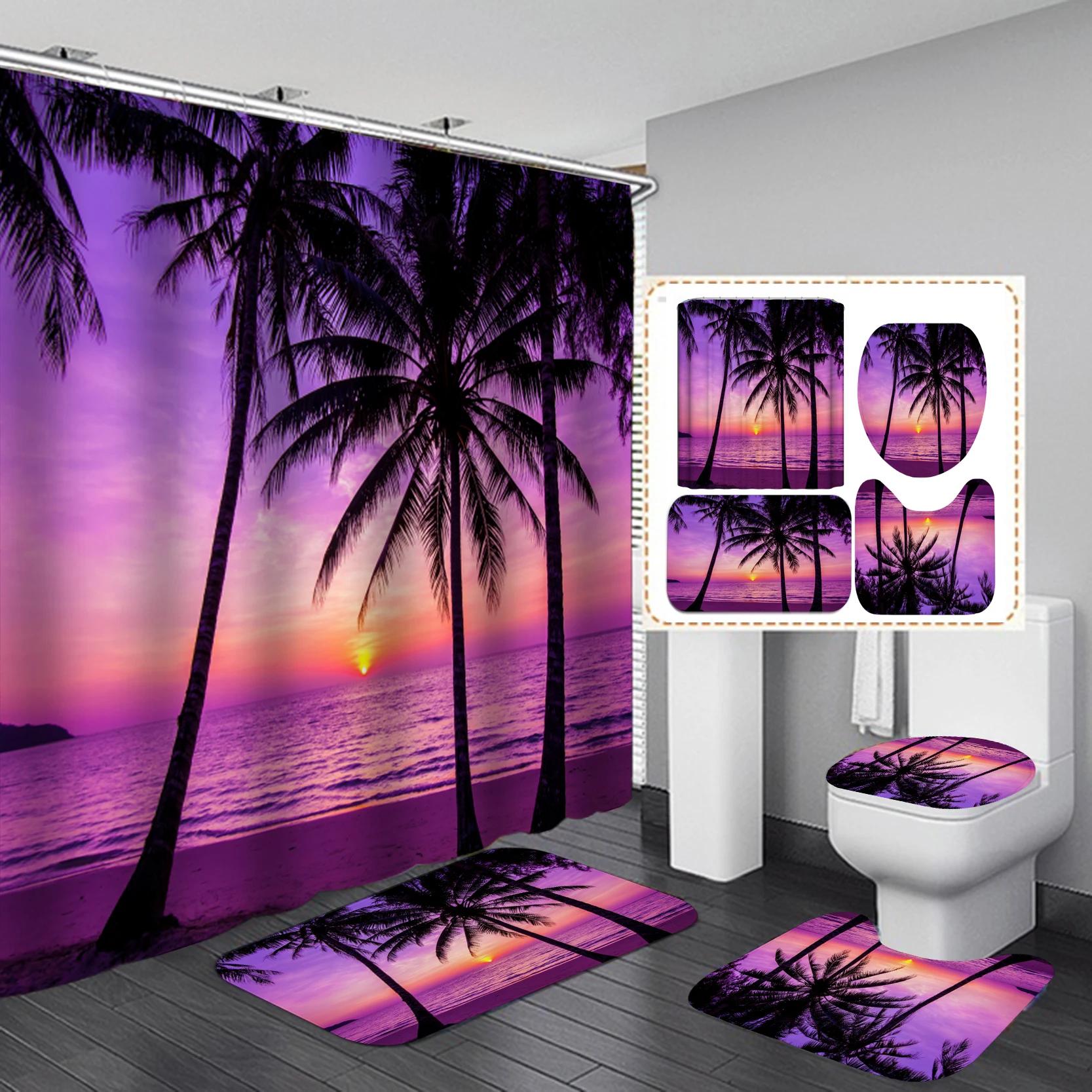 

3D Dusk Beach Coconut Tree Waterproof Shower Curtains Purple Polyester Bathroom Sets Toliet Lid Cover Non-Slip Bath Mat Carpet W60H190(CM)-1 Pcs