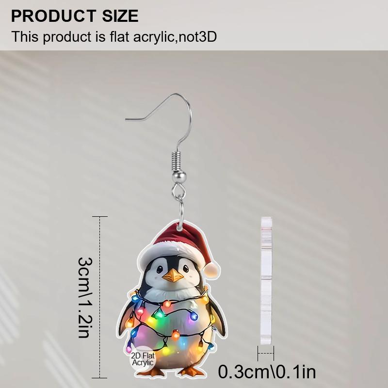 2D Flat Cartoon Penguin Light Bulb Santa Hat Acrylic Dangling Hook Christmas Earrings for Women Lightweight Statement Funny Animal Dangle Drop Earring