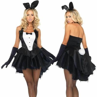 3Pcs Women Bunny Tuxedo Dress Gloves Headband Halloween Cosplay Costume Set