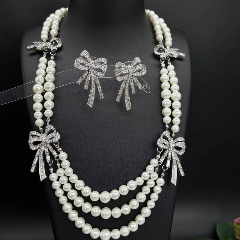 Vintage Bow Pearl Layered Choker Necklace Court Style Unique Women