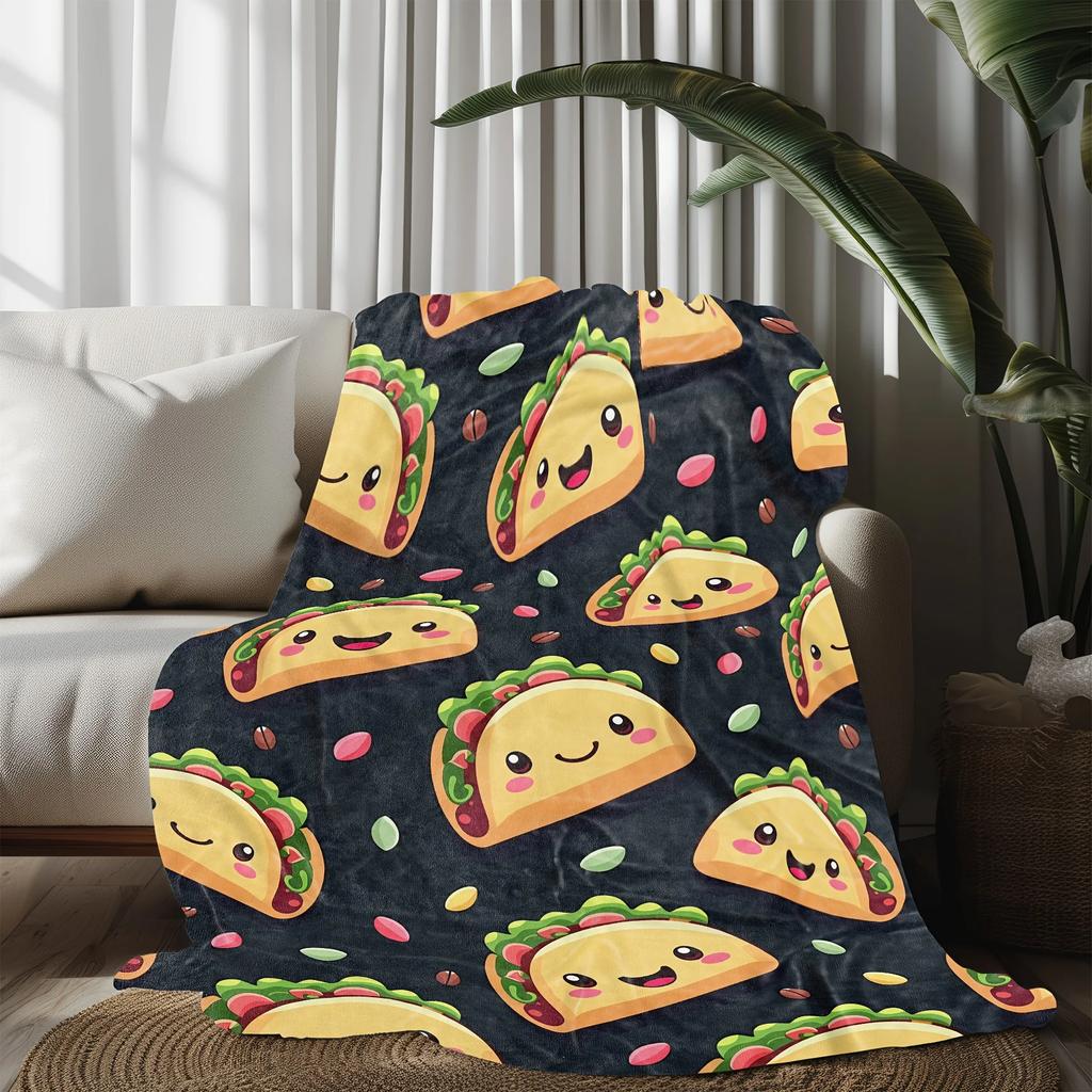 Cozy Mexican Tortilla Throw Blanket - Soft Flannel Fleece with Vibrant Taco Print, Dark Green, Perfect Gift for Food Lovers, All