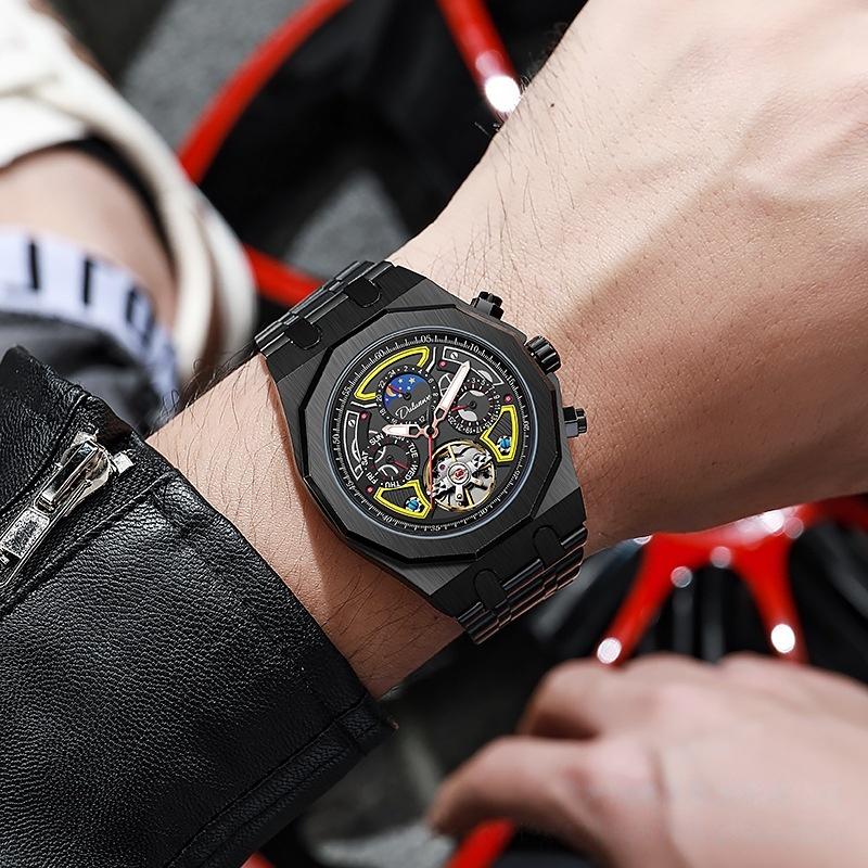 Automatic Men's Mechanical Watch for Sports 30M Water Resistant Stainless Steel Band Moon Phase Fluorescent Pointer Dial
