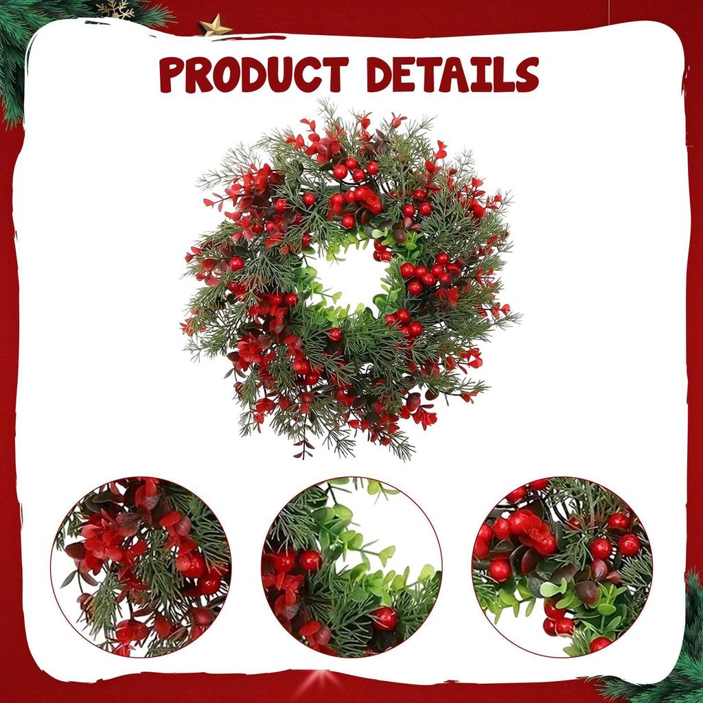 Christmas Wreath Seasonal Garland with Red Berries Rustic Wall Hanging Front Door Xmas